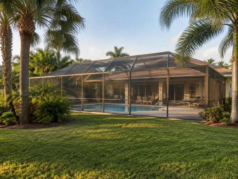Established pool cage behind a Florida home surrounded by palms