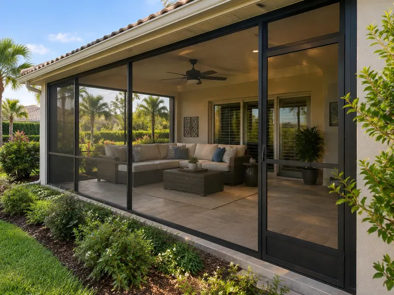 Screened lanai with outdoor seating under the roofline of a Florida home